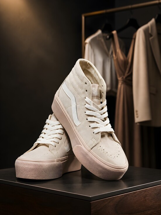 Vans Shoes - Vans Sk8-Hi Tapered Stackform shoes, Suede Shell or  Egret Beige / Pink colorway